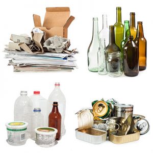 Image of recyclables; glass, paper, plastic and metal