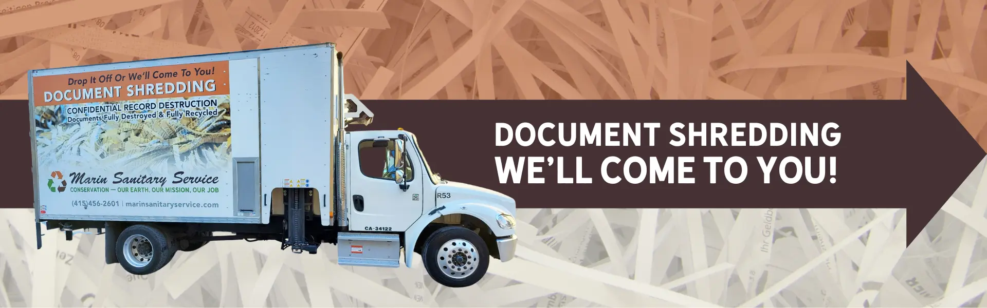 Photo of a MSS Mobile Document Shredding truck over shredded paper background